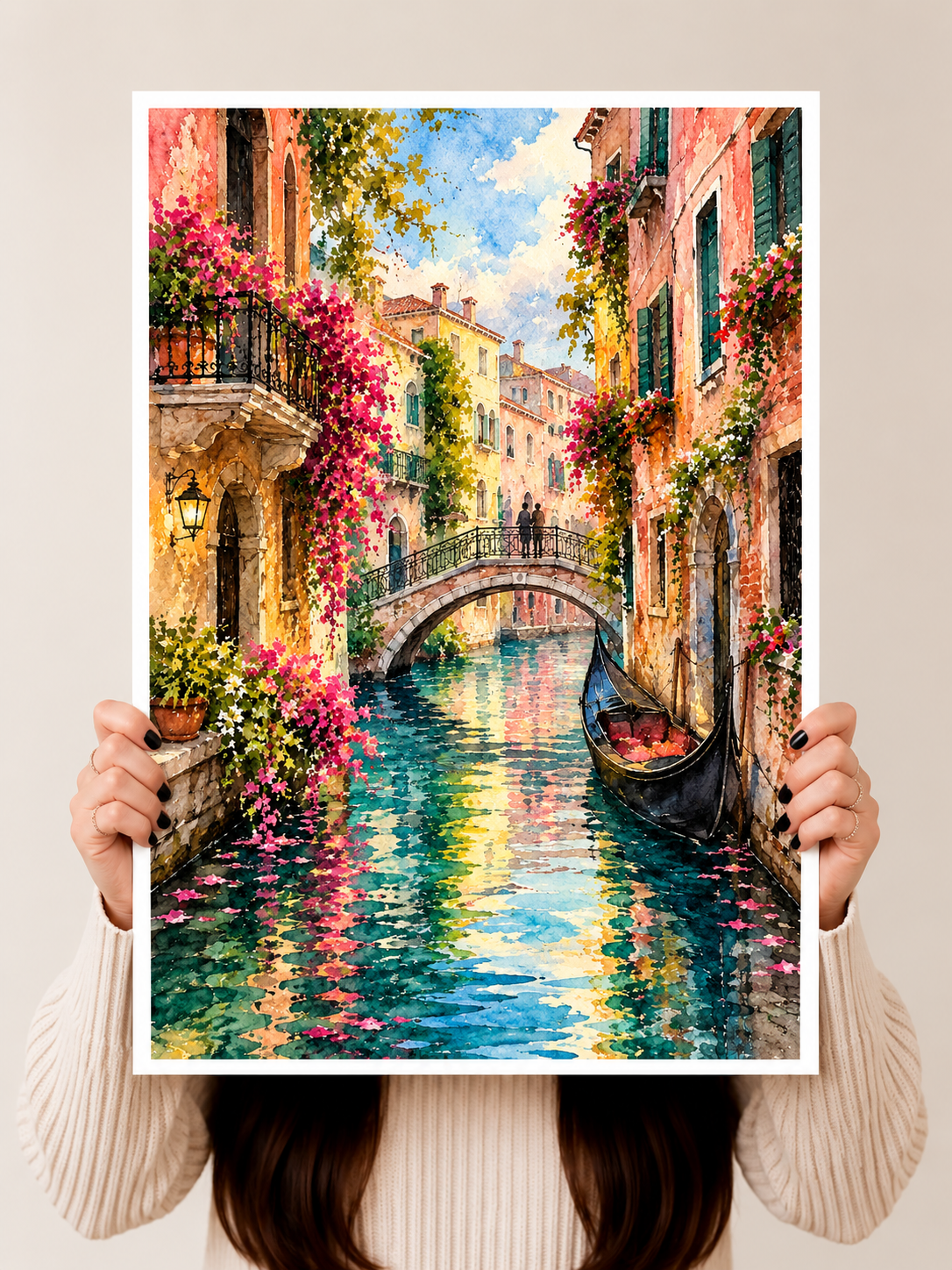 Colorful Street Watercolor Art Print held vertically to show the colorful architecture, stone arch and water reflections