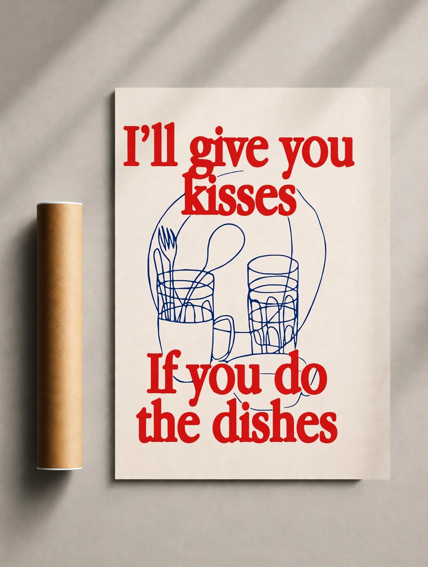 Kitchen quote print with red lettering and blue dish icons, unframed