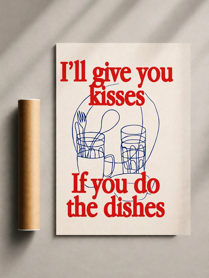 Kitchen quote print with red lettering and blue dish icons, unframed