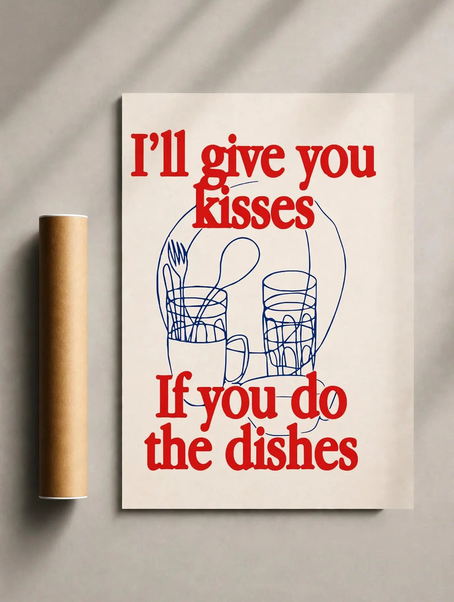 Kitchen quote print with red lettering and blue dish icons, unframed