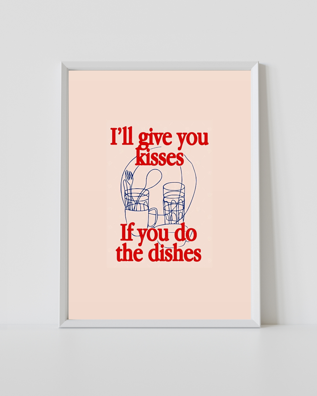 Framed kitchen quote print with red quote text and blue dish icons on light background