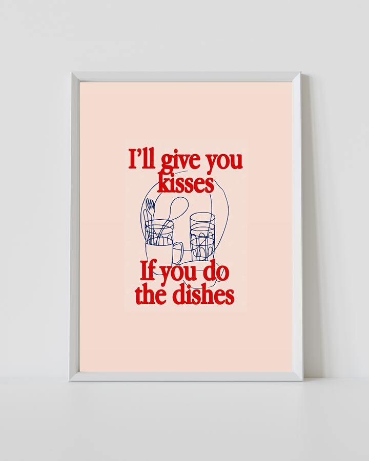 Framed kitchen quote print with red quote text and blue dish icons on light background