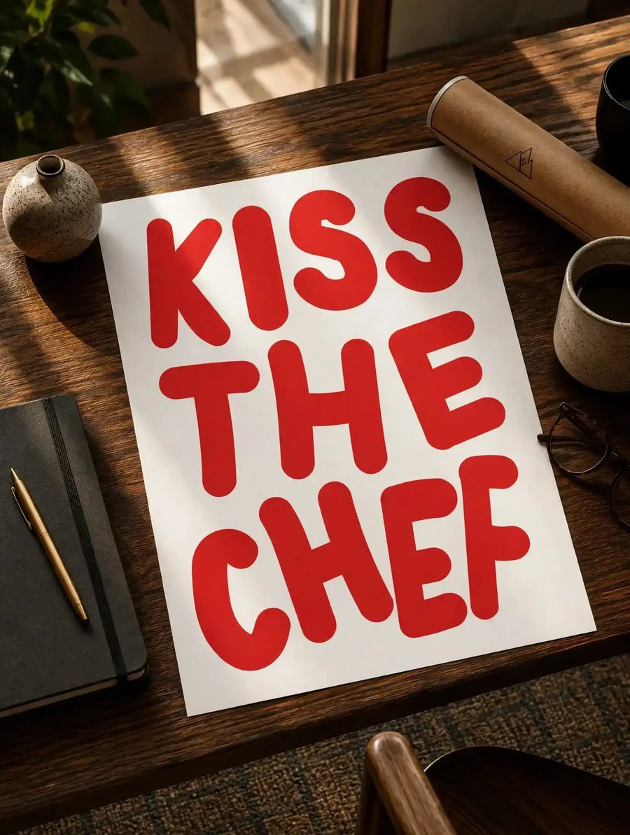 Kitchen print on white sheet with red 'KISS THE CHEF' text, on wooden table