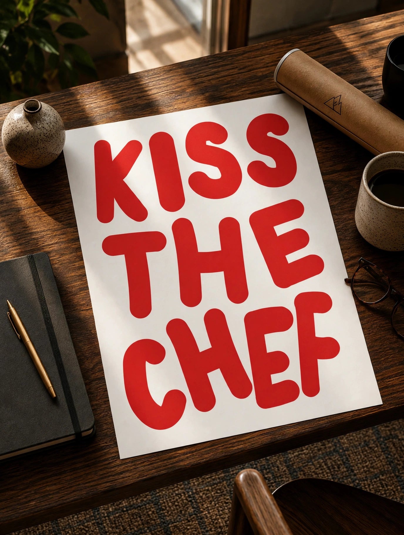 Kitchen typography print with red 'KISS THE CHEF' text on white, on a wooden desk