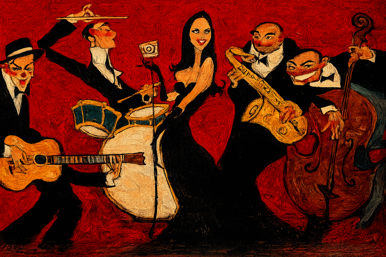 Close-up jazz band art print with red backdrop and black-clad musicians holding instruments