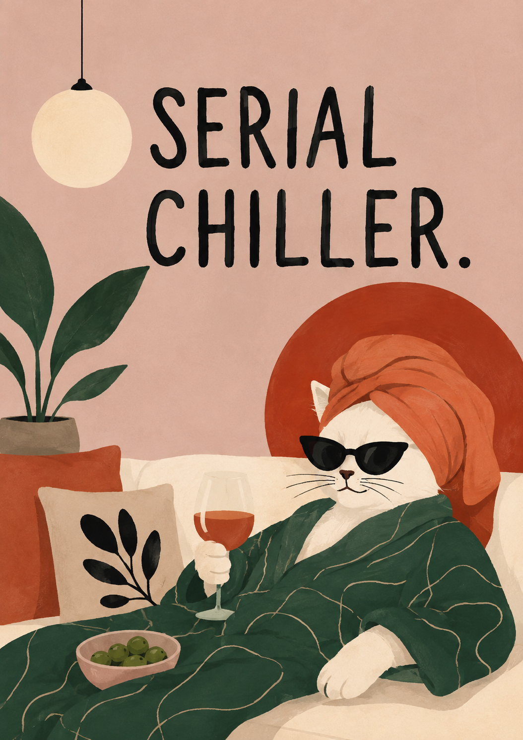 Close-up cat art print with orange cat in sunglasses, green clothing, and “Serial Chiller”