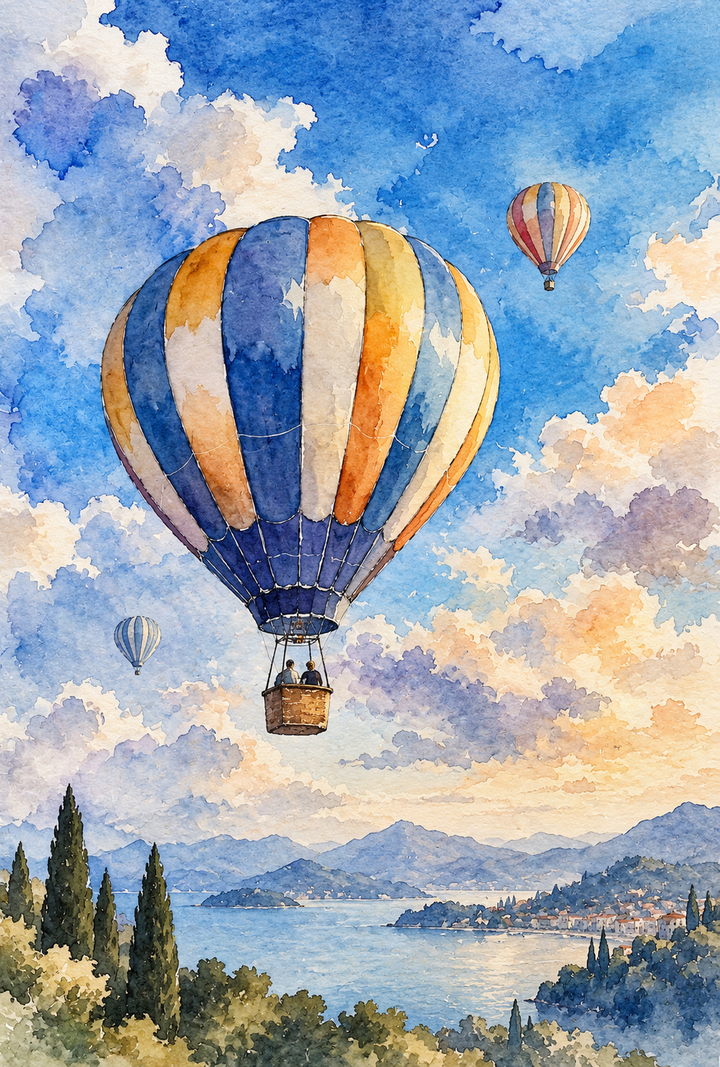 Hot Air Balloon Watercolor Art Print shown close up with a colorful balloon floating above a peaceful natural landscape