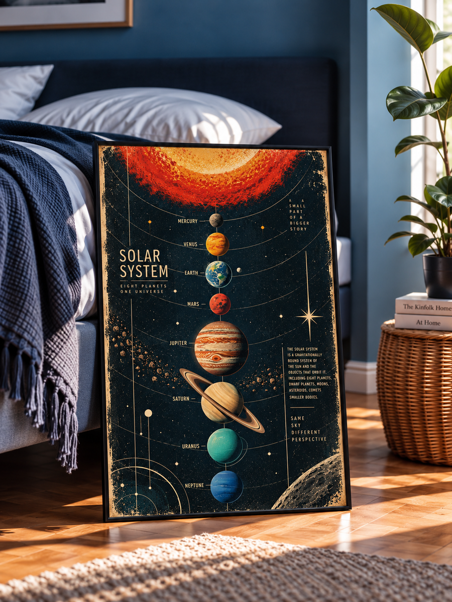 Planetary Solar System Wall Art displayed in a modern bedroom featuring the Sun and vertically aligned planets against deep space