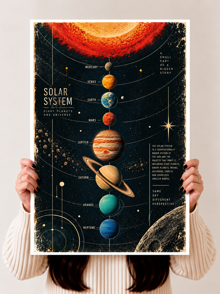 Planetary Solar System Wall Art held upright featuring the planets arranged vertically with detailed astronomy inspired graphics