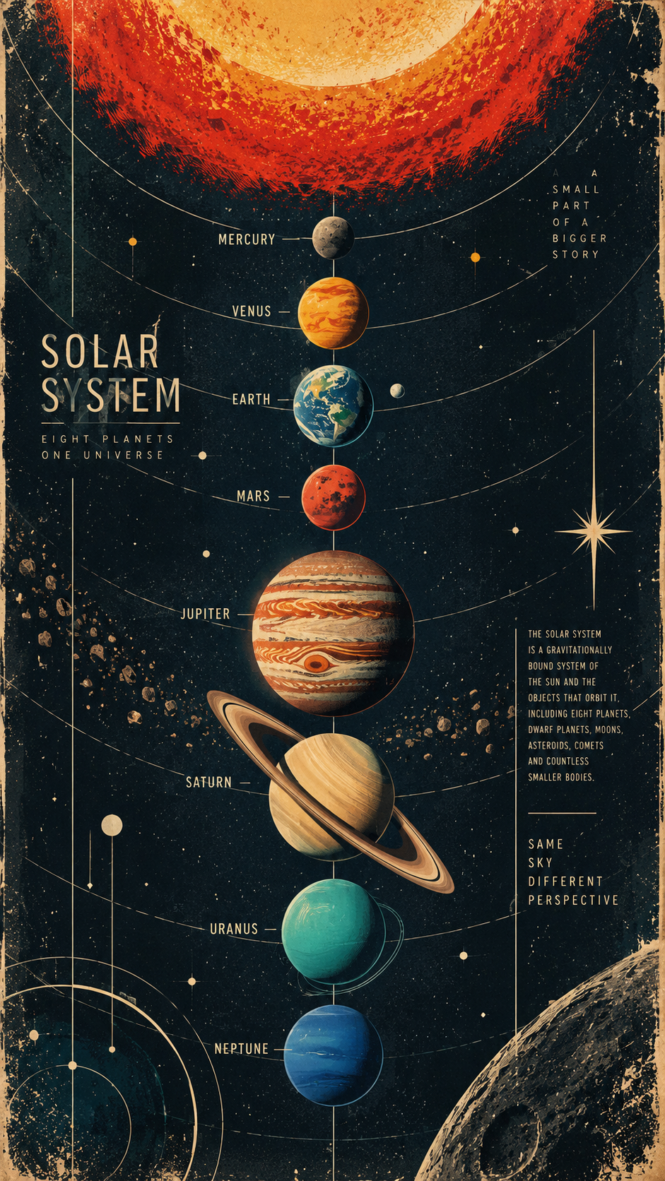 Planetary Solar System Wall Art featuring the Sun, colorful planets and orbital graphics in a detailed astronomy composition