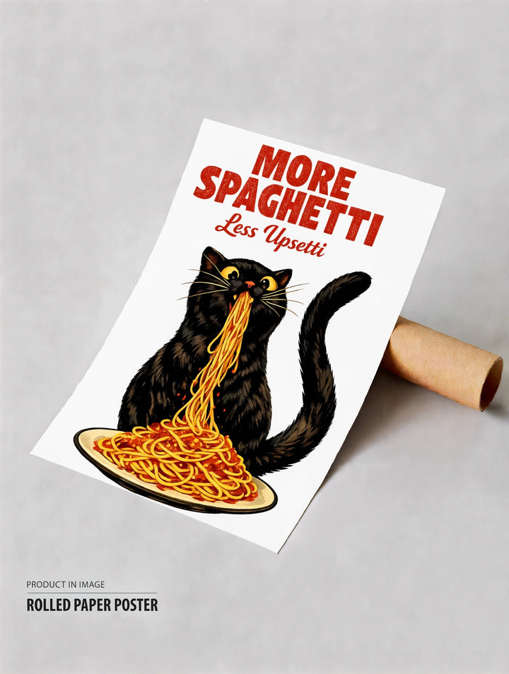 Spaghetti-themed cat poster with black cat holding a bowl of noodles