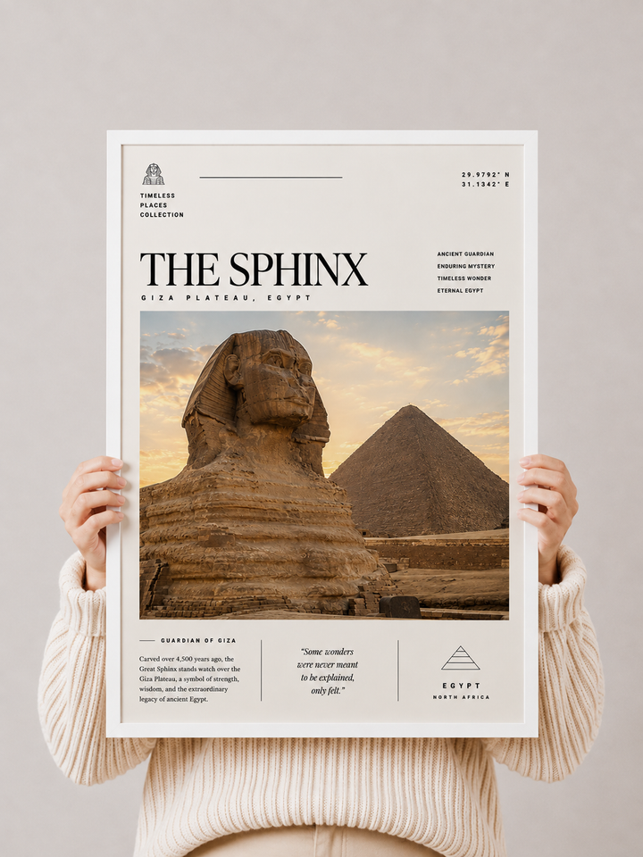Unframed The Sphinx print with pyramids and desert scene, held by hands