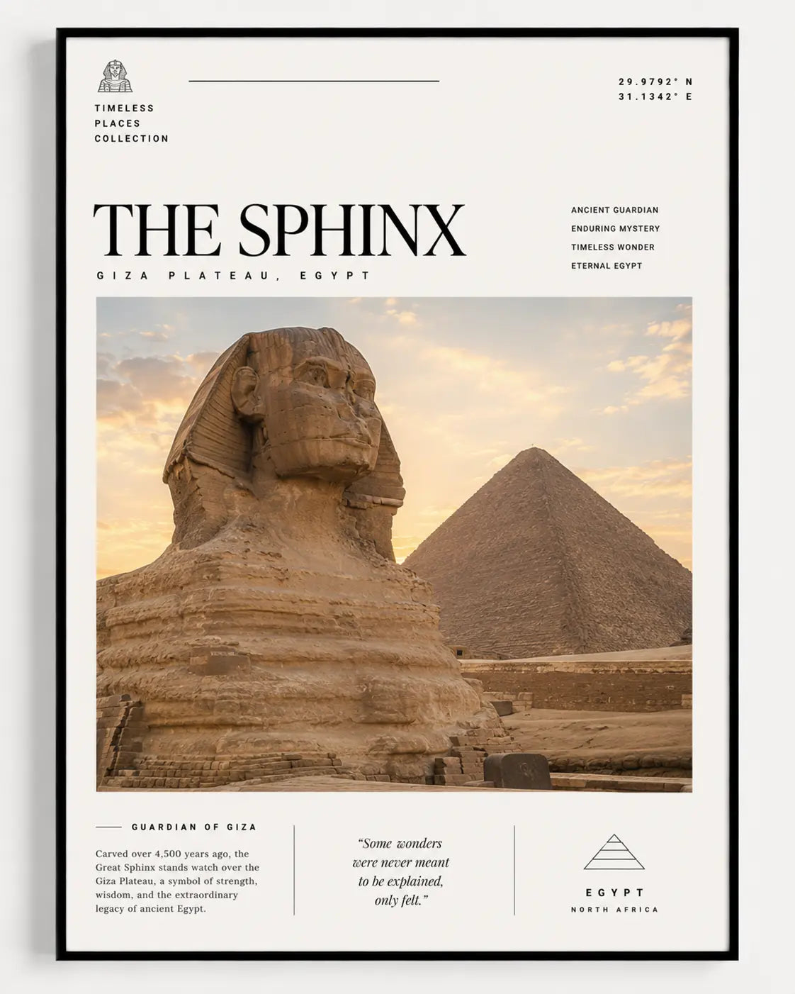 Framed poster print featuring The Sphinx with pyramids and desert sunset