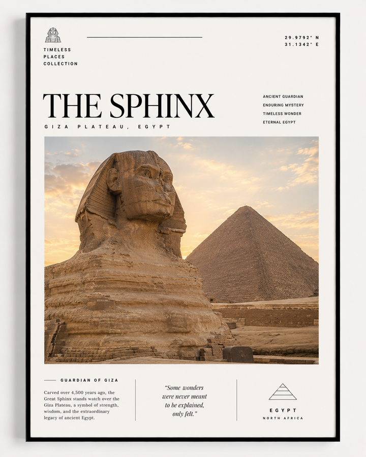 Framed poster print featuring The Sphinx with pyramids and desert sunset