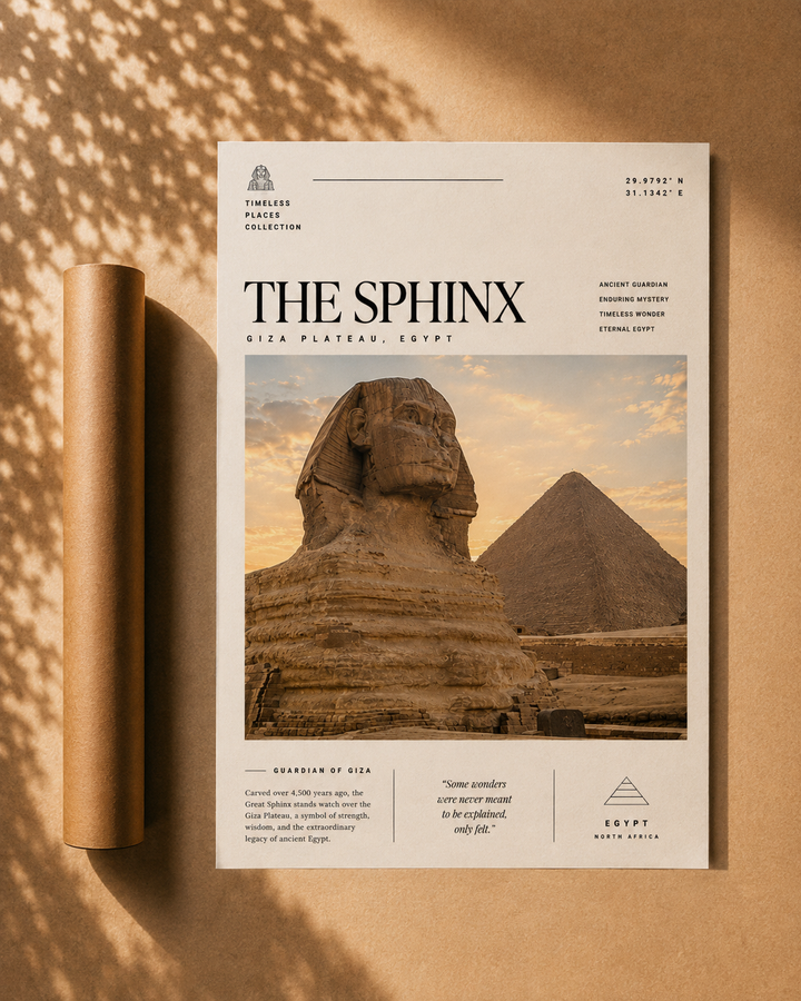 Framed Sphinx wall art print with pyramids and desert scene
