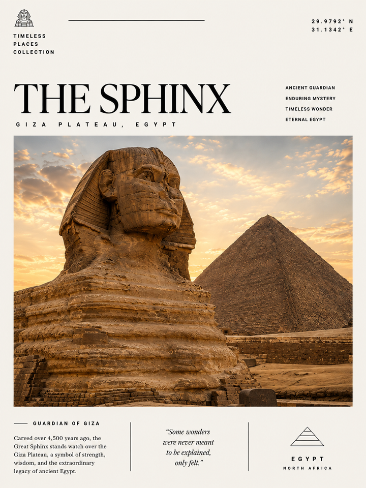 Close-up of The Sphinx poster print with pyramids and desert sunset