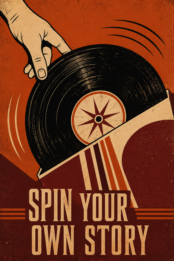 Retro Music Art Print shown as a rolled poster featuring bold record inspired artwork and motivational text