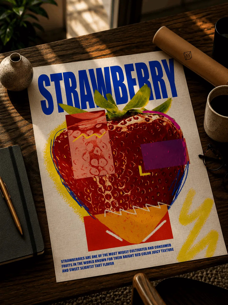 Oak-framed strawberry graphic poster with blue title, red strawberry and green leaves.
