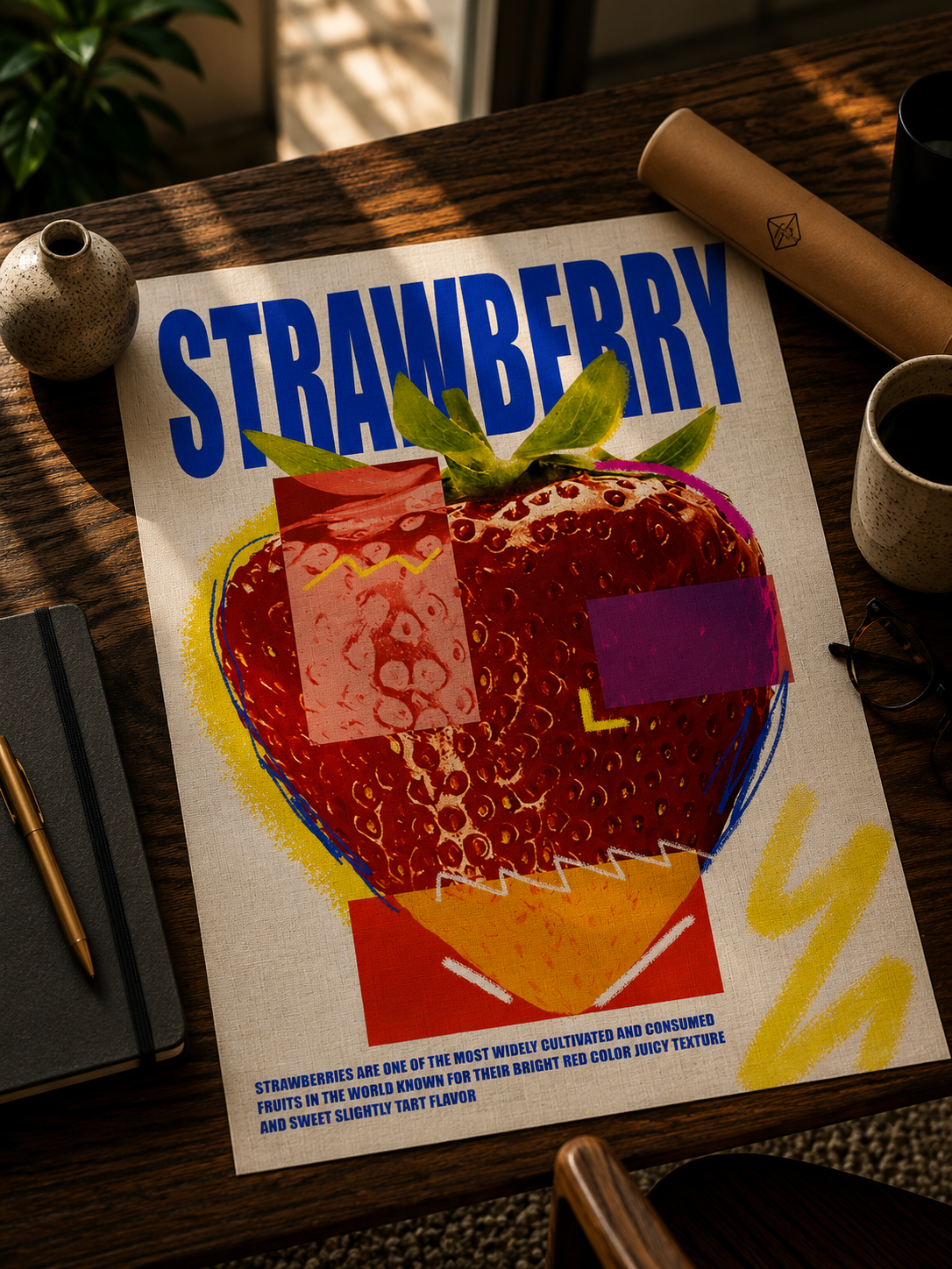 Strawberry Graphic Poster displaying a contemporary strawberry illustration with bold colours, layered shapes and premium graphic artwork.