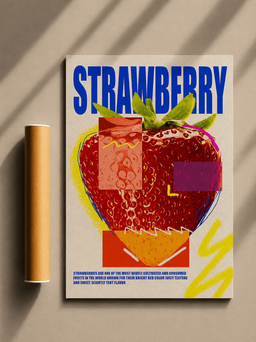 Strawberry graphic poster with bold blue title and red fruit illustration, unframed.