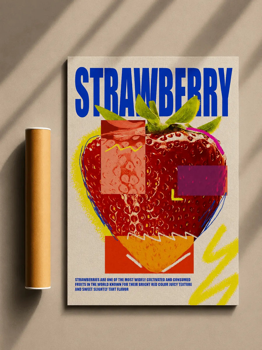 Strawberry graphic poster with bold blue title and red fruit illustration, unframed.