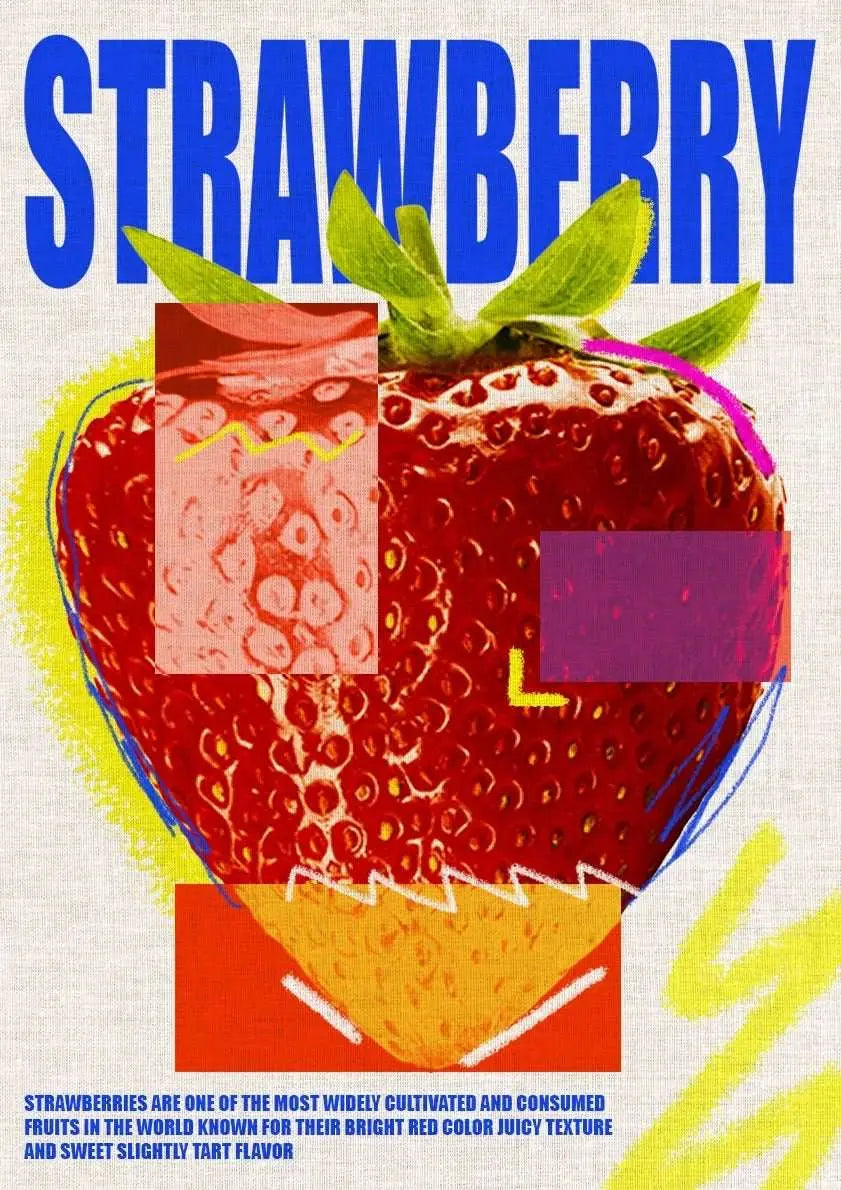 Strawberry graphic poster close-up: blue title, red strawberry with green leaves, unframed.