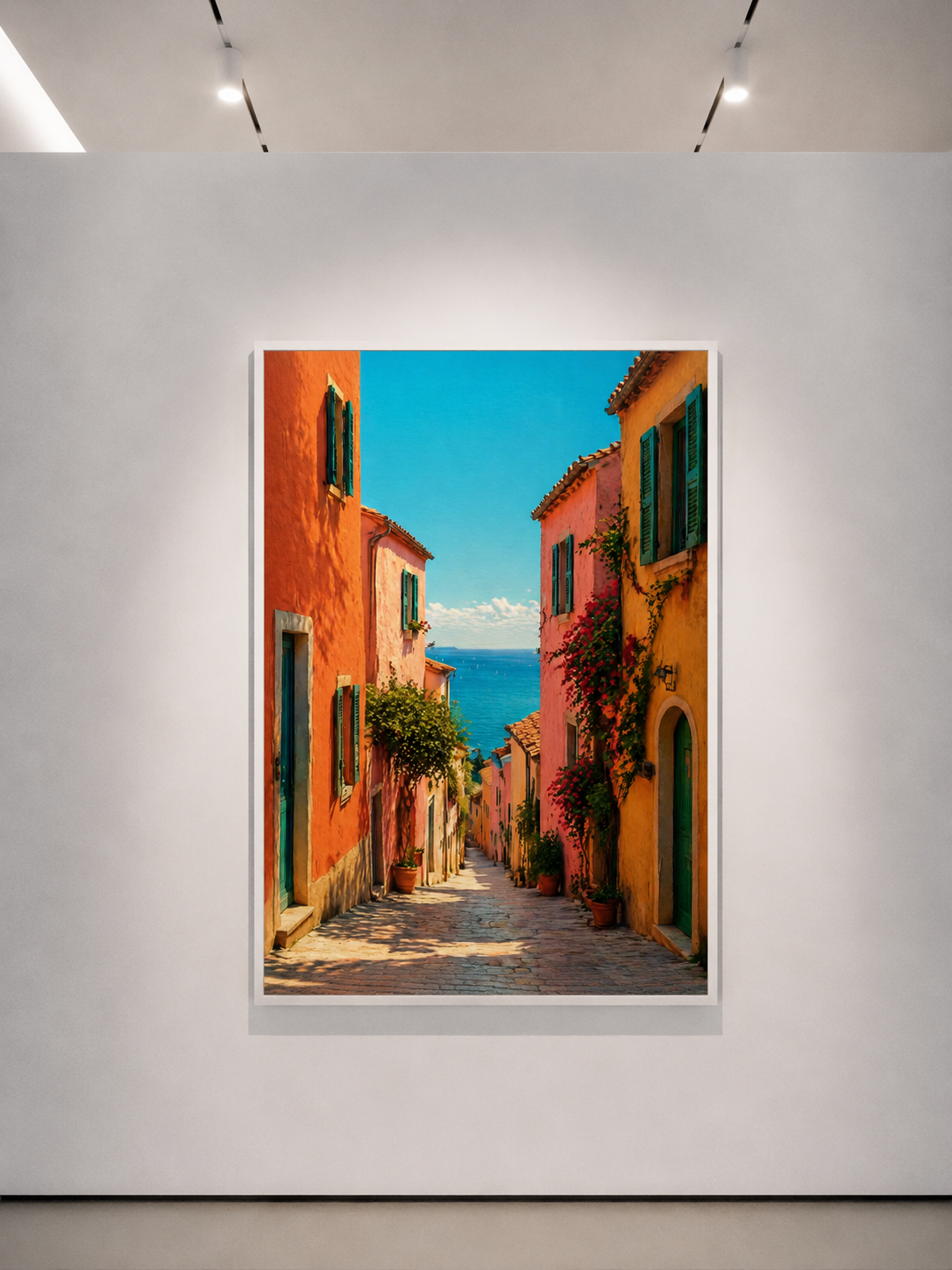 Stampa da parete con cornice bianca di un vicolo mediterraneo con edifici arancioni e mare