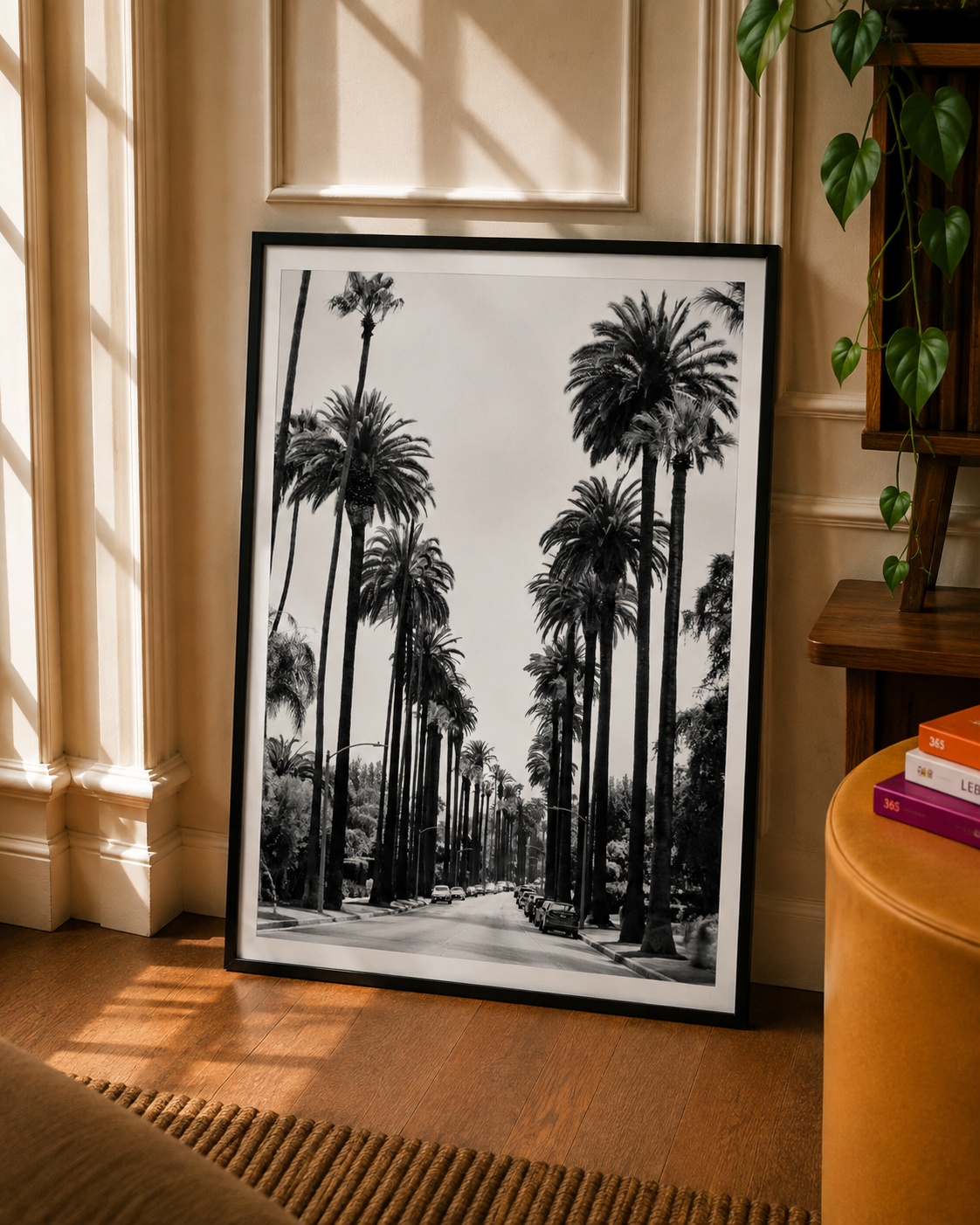 California Palm Tree Art Print capturing towering palms along a quiet black and white Los Angeles street