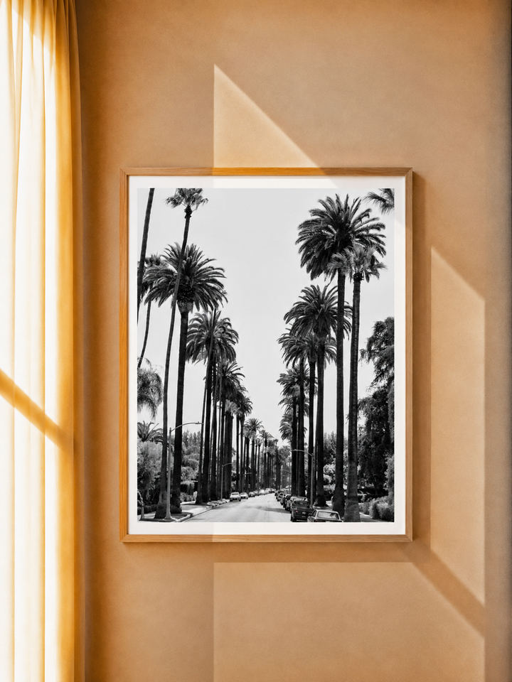 California Palm Tree Art Print with monochrome palm photography and a classic Southern California atmosphere