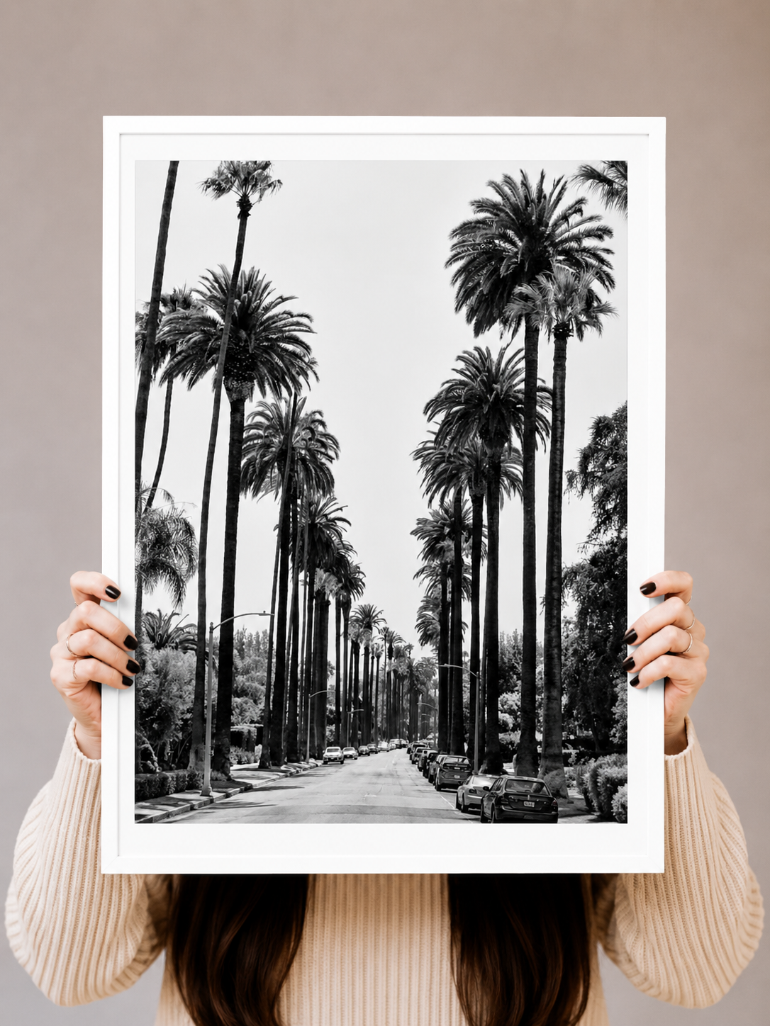 California Palm Tree Art Print showing tall West Coast palms from a dramatic street level perspective