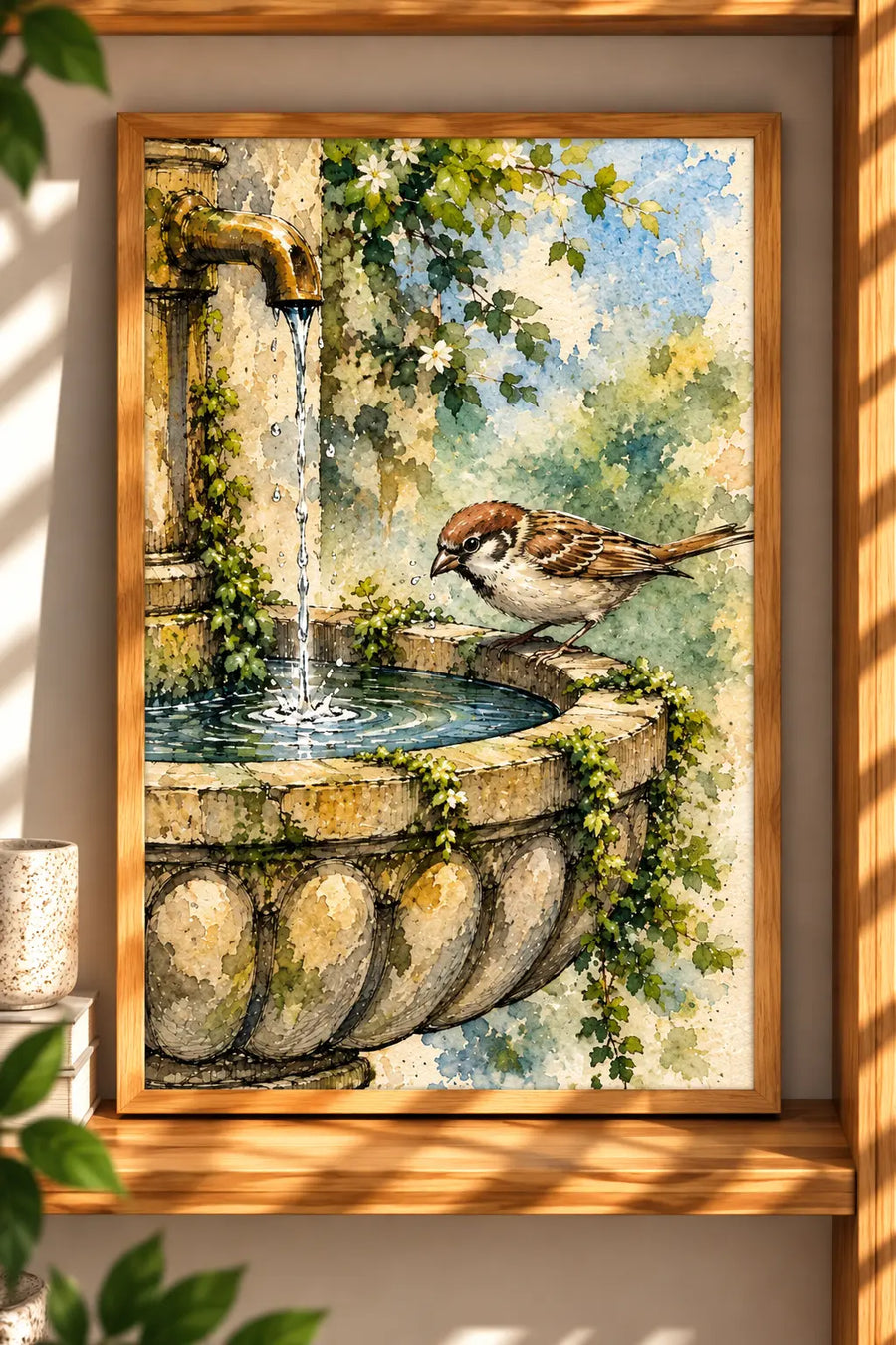 Bird Fountain Watercolor Art Print presented in a natural oak frame surrounded by warm sunlight and neutral interior decor