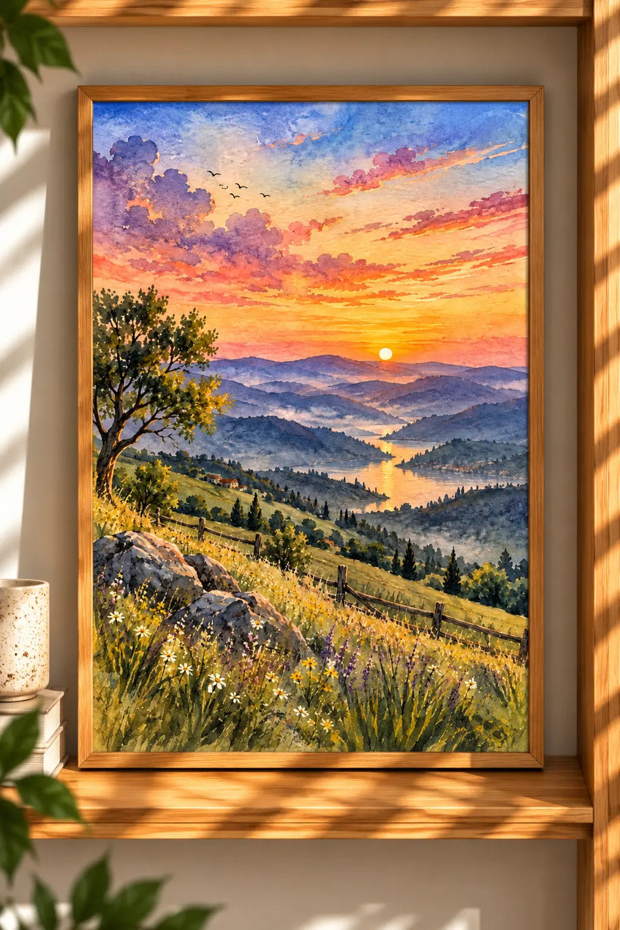 Sunset Landscape Watercolor Art Print presented in a natural oak frame with glowing orange and pink evening skies