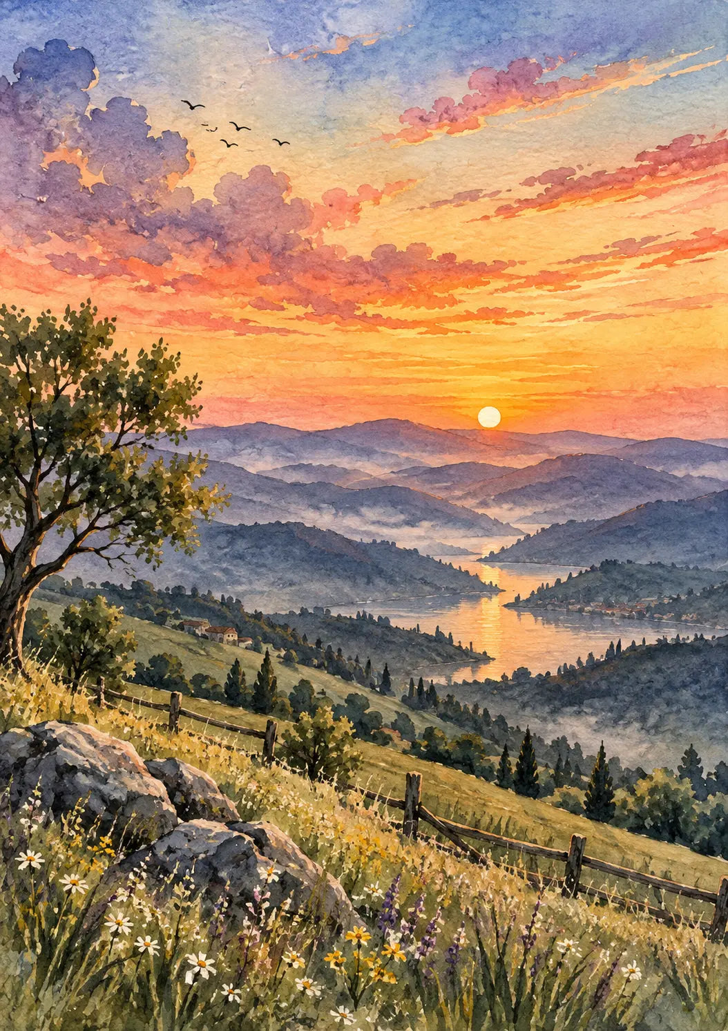 Sonnenuntergang Landschaft Aquarell Kunstdruck