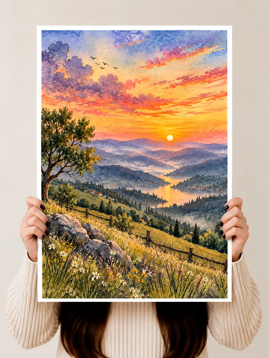 Sunset Landscape Watercolor Art Print held vertically to show the rolling hills, open valley and colorful horizon