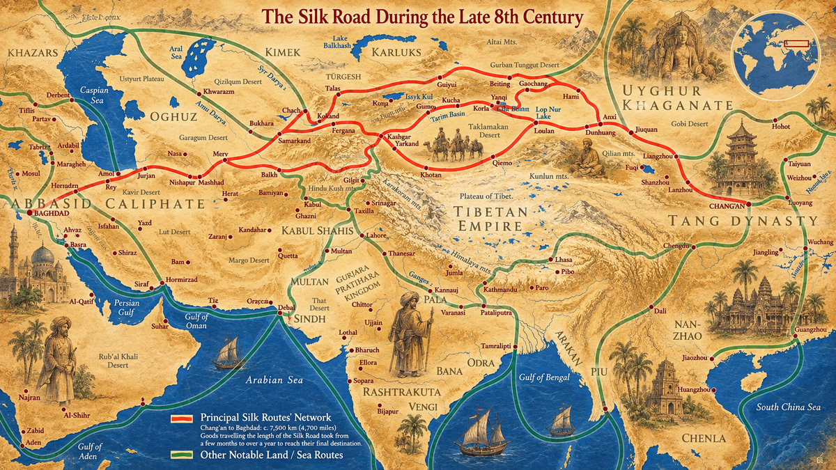 Silk Road Historical Map poster featuring detailed late 8th century trade routes, ancient cities, major empires and geographic regions stretching across Asia.