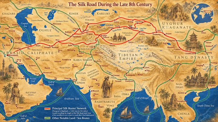 Silk Road Historical Map poster featuring detailed late 8th century trade routes, ancient cities, major empires and geographic regions stretching across Asia.