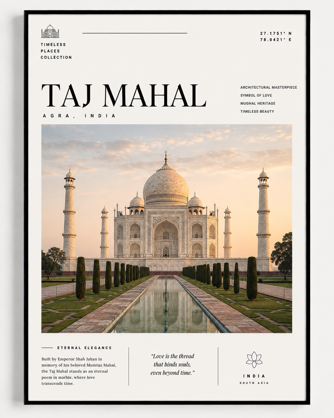 Taj Mahal print in black frame, monument artwork with reflecting pool and walkway