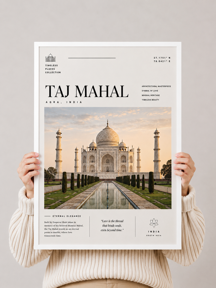 Taj Mahal print poster held by hands, showing Taj Mahal and reflecting pool