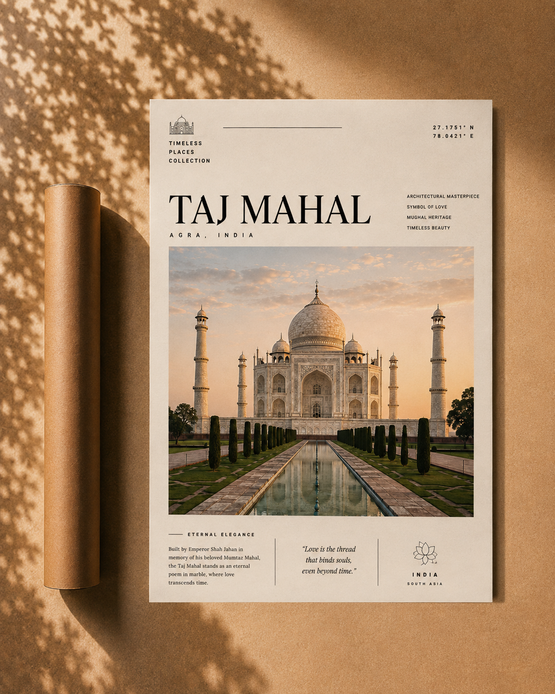 Taj Mahal print poster unframed, featuring Taj Mahal monument and courtyard path