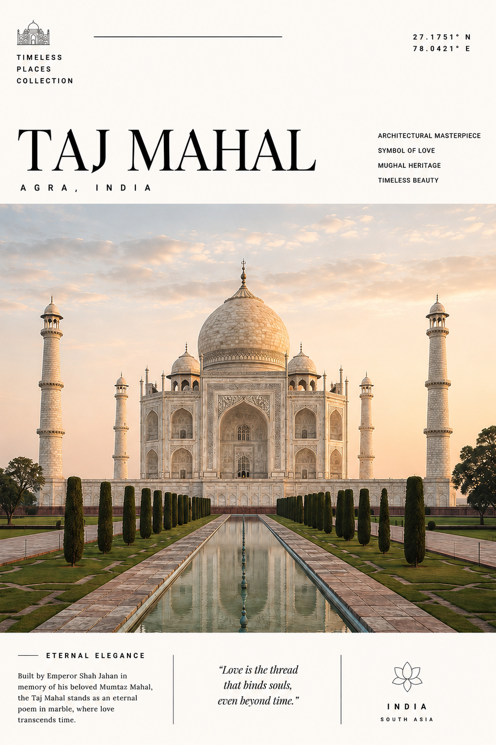 Taj Mahal print poster close-up with Taj Mahal monument and garden walkway
