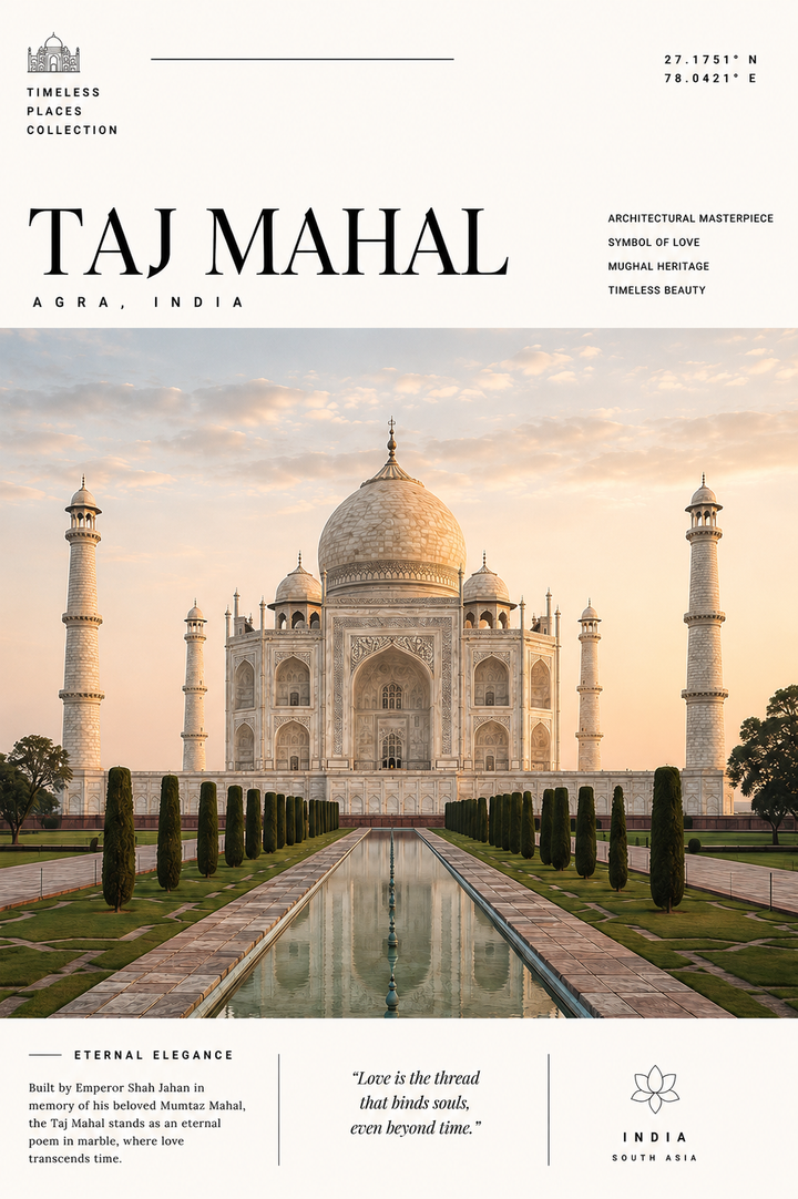Taj Mahal print poster close-up with Taj Mahal monument and garden walkway