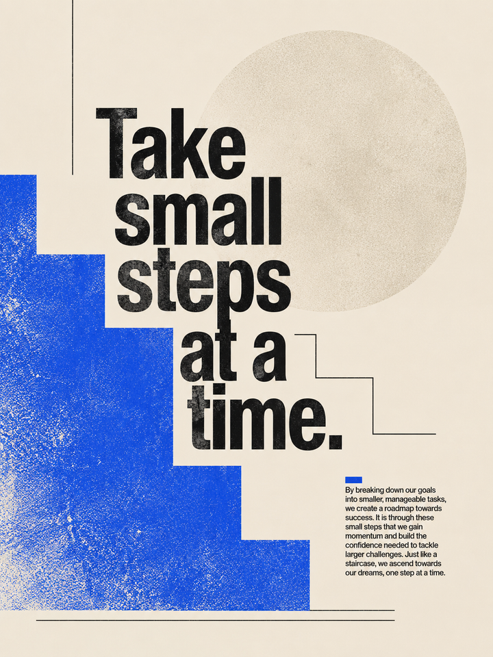 Close-up of typographic quote wall art with blue gradient block and beige circle background.