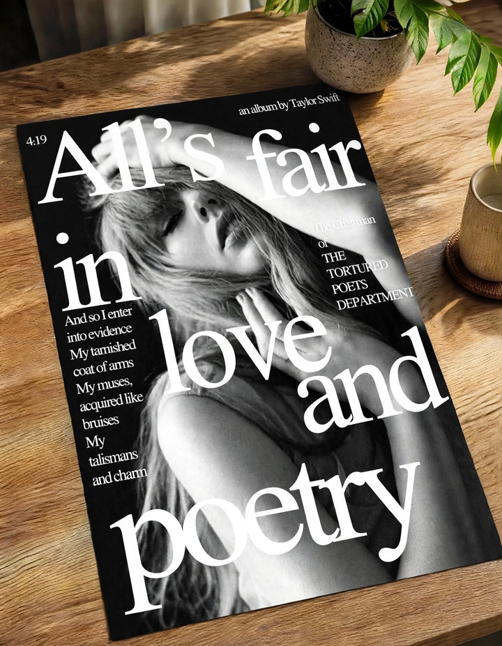 Taylor Swift All’s Fair in Love and Poetry Wall Poster displayed in a cozy interior with monochrome music inspired artwork