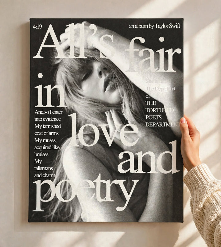 Taylor Swift All’s Fair in Love and Poetry Wall Poster shown as bold black and white wall art with expressive lettering and portrait imagery