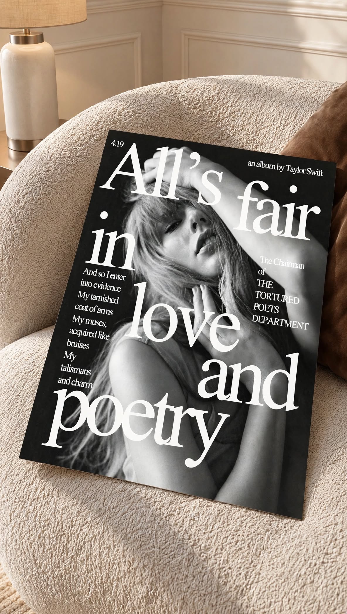Taylor Swift All’s Fair in Love and Poetry Wall Poster featuring black and white typography with a dramatic portrait inspired composition