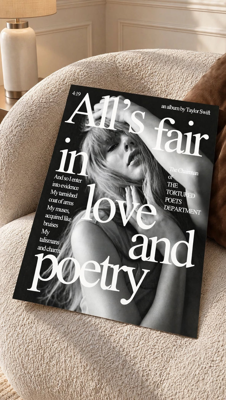 Taylor Swift All’s Fair in Love and Poetry Wall Poster featuring black and white typography with a dramatic portrait inspired composition
