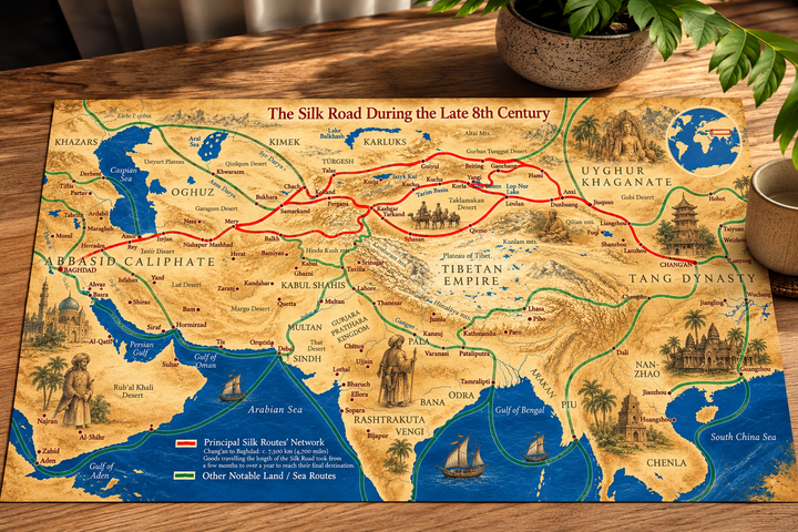 Silk Road historical artwork on stretched canvas, featuring late 8th century Asian trade networks, regional empires and vintage geographic details.