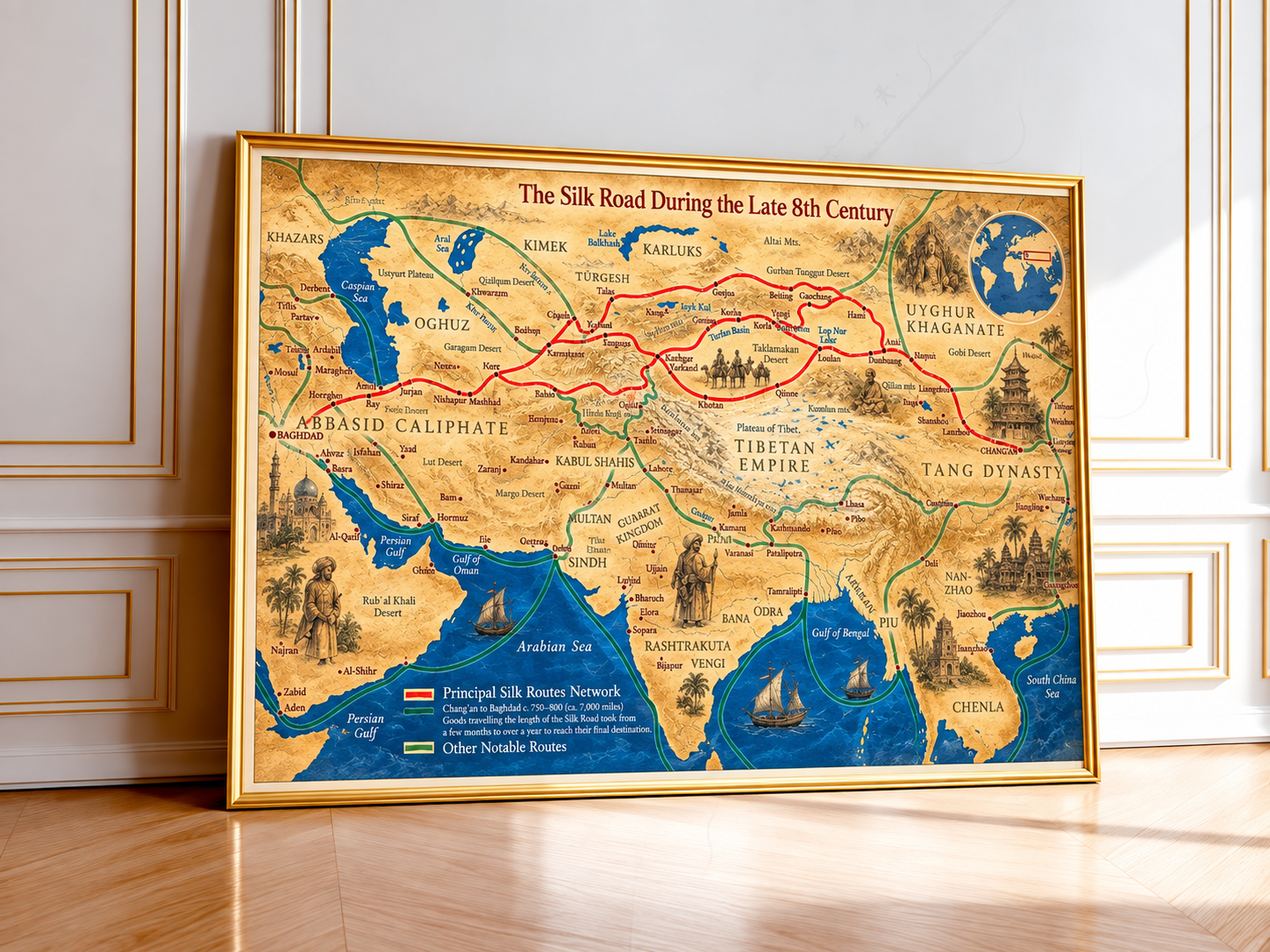 Vintage Silk Road map print displayed in a natural oak frame, with detailed Asian geography, historic kingdoms and principal overland trading routes.