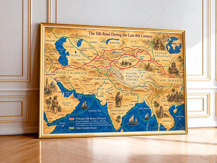 Vintage Silk Road map print displayed in a natural oak frame, with detailed Asian geography, historic kingdoms and principal overland trading routes.