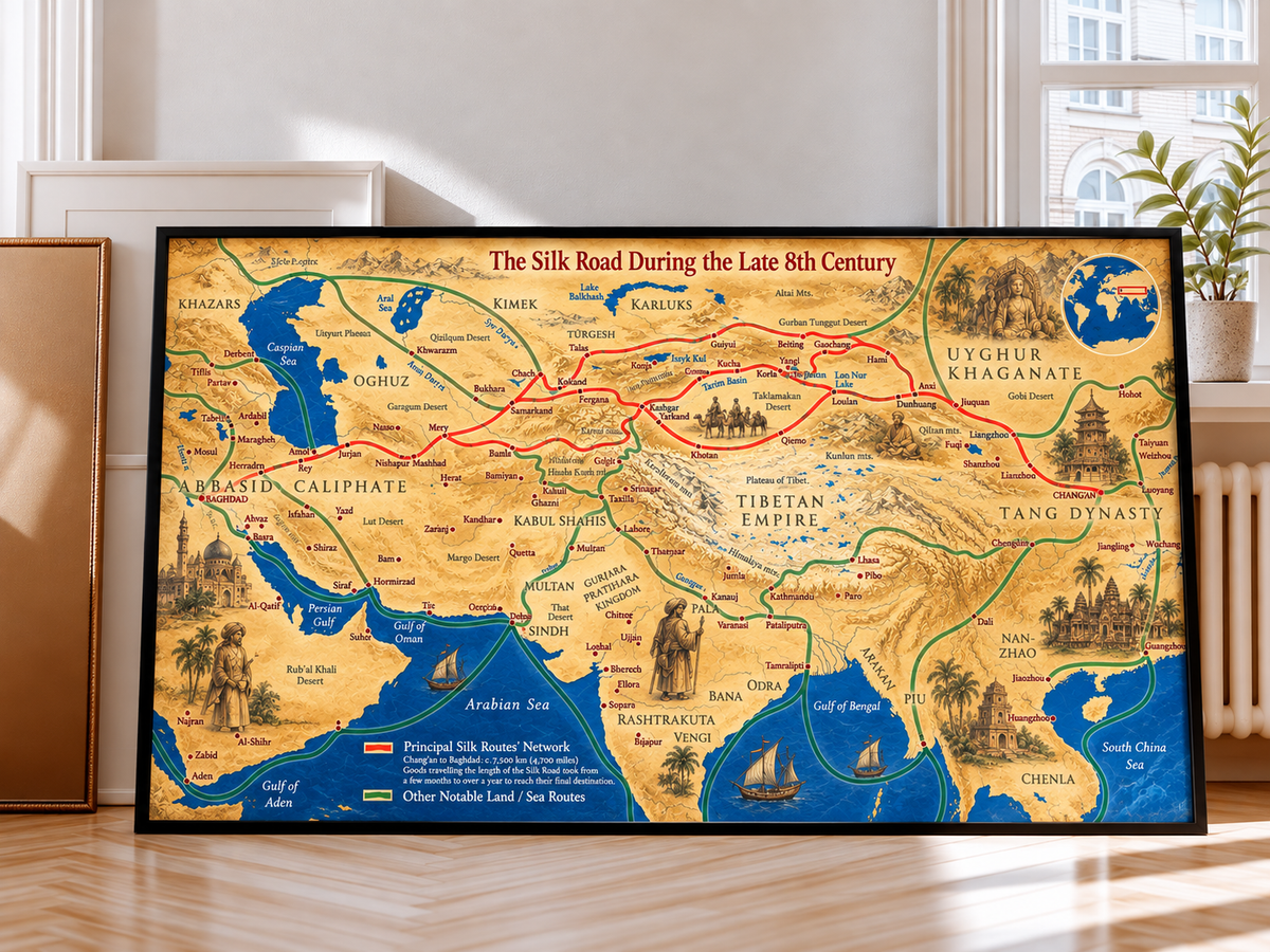 Framed historical map print featuring Silk Road route lines and labeled regions